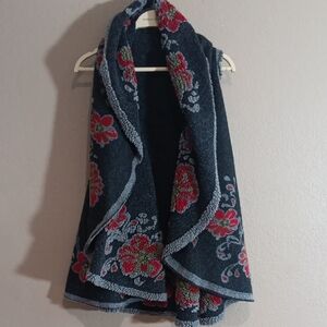 Dark Navy Floral Shawl Vest with Red Flowers